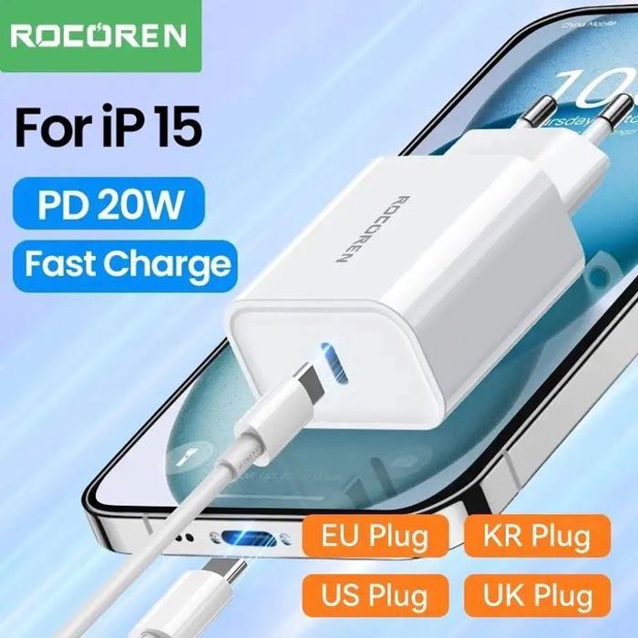 Rocoren Small White Series Charger PD20W 1C EU Plug Site( YuanYi Fast Charge USB Cable C TO C 1m) White