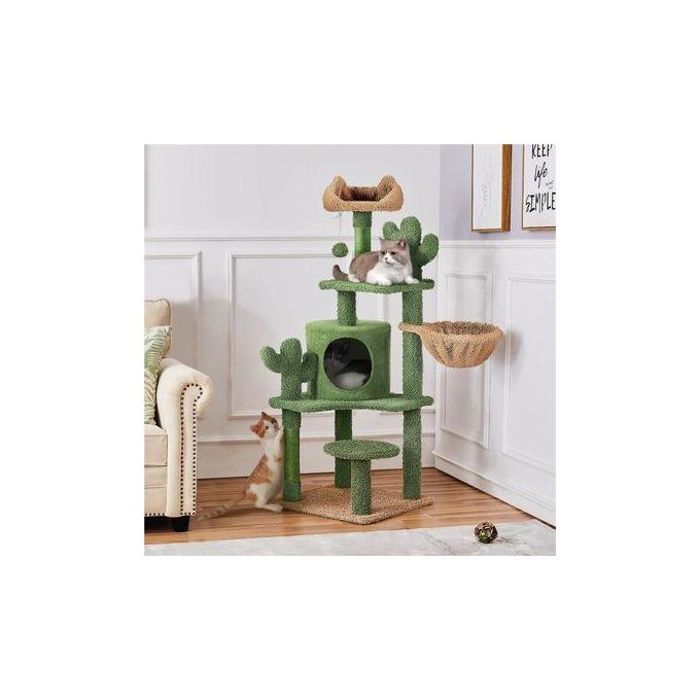 Generix Arbre à Chat Cactus Multiniveau Tour pour Chat en Peluche avec Panier Cachette Perchoirs Poteaux en Sisal 100 cm