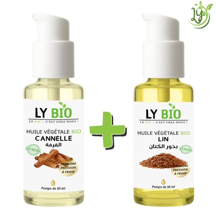 Pack d'huiles - LYBIO - Huile Cannelle 50ml - Huile Lin 50ml - Soin cheveux - Réparateur