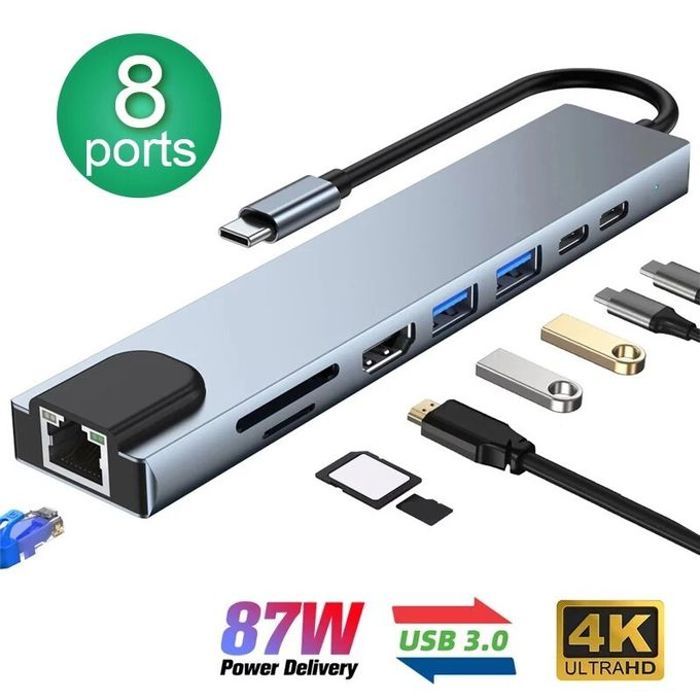 Hub USB-C 8 en 1 avec HDMI 4K, USB 3.0, RJ45, SD et TF - Gris