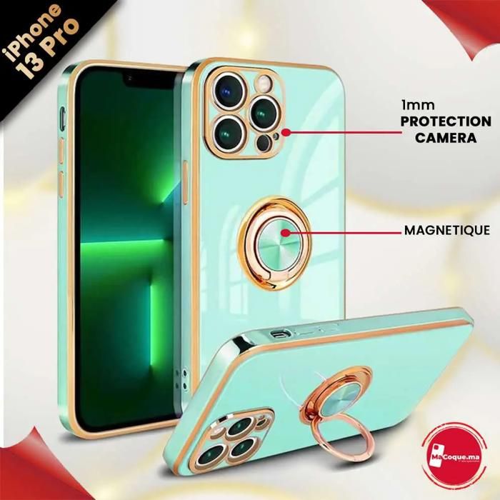 Coque iPhone 13 Pro GOLD Brillant Magnétique avec Ring &amp; Protection de Camera en TPU Cyan 13PRO