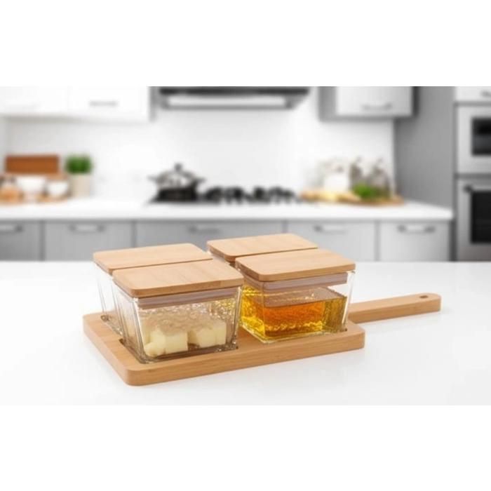 Boîte de 4 bocaux en verre avec couvercles trasparents  en bois et plateau planche  –