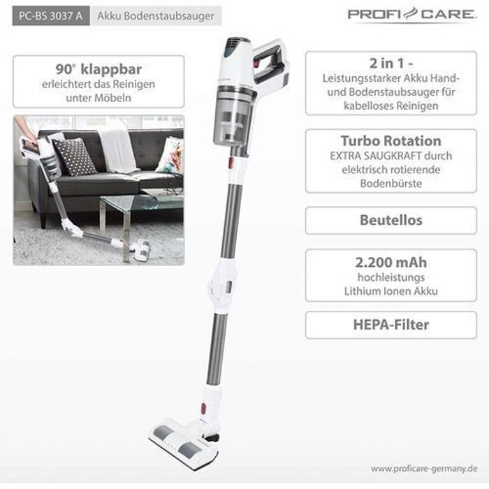 Profi Care Proficare - Aspirateur balai 2 en 1 - A main et sol - Haute performance - nettoyage sans fil.