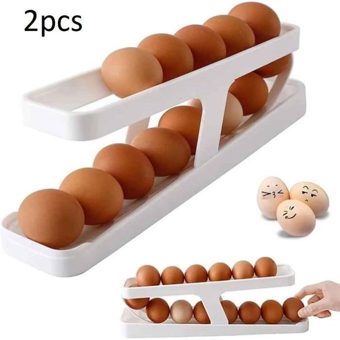Lot de 2 Boîtes de Rangement à Œufs - Mécanisme de Roulement Automatique - Blanc