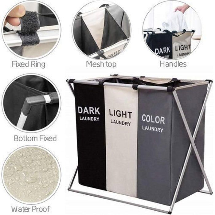 Panier à linge 3 compartiments pliable Grande Capacité 135L,Étanche,Paniers a linge pour vêtements et jouets