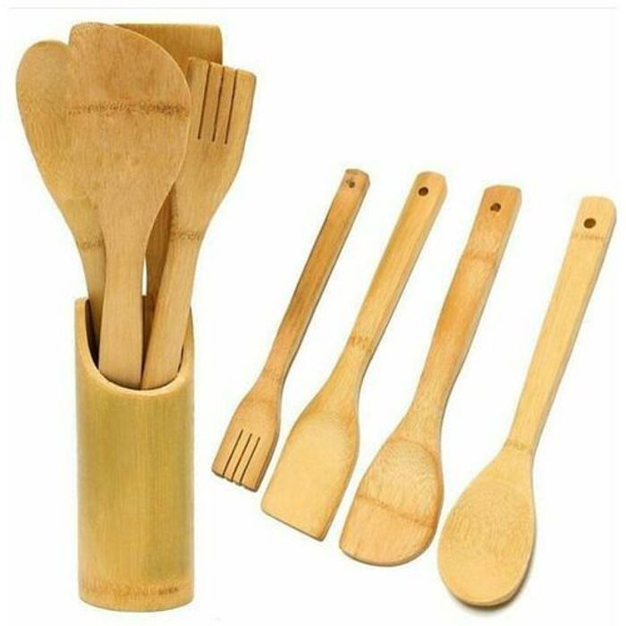 Set 4 Cuillères/Spatules en Bois bambou + Support // Set de cuisine