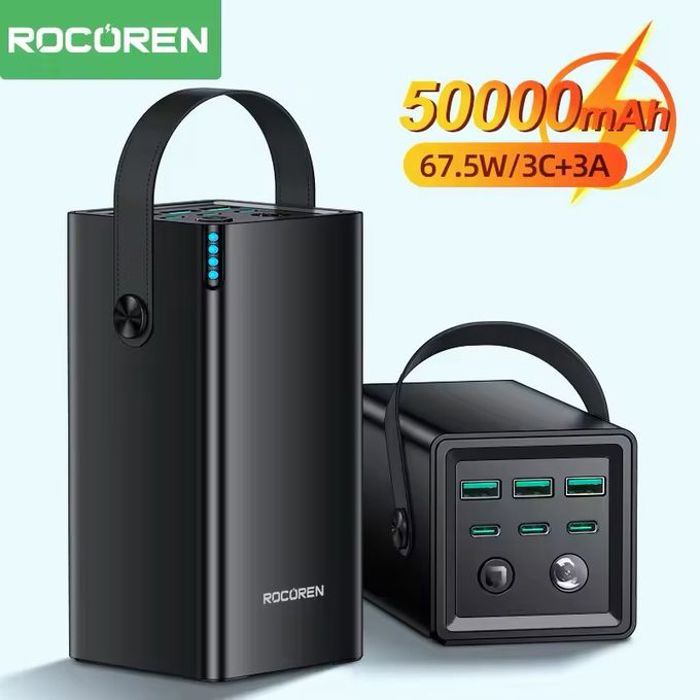 Rocoren Ruiliang fast charging power bank 50000mAh 67.5W (3C+3A) black (wiring: simple series A TO C 3A 0.5m black)