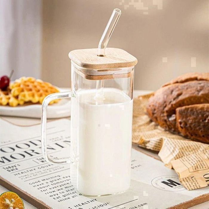 Tasses en verre - Non spécifié - 400 ml - Couvercle en bambou - Paille en verre - Design élégant