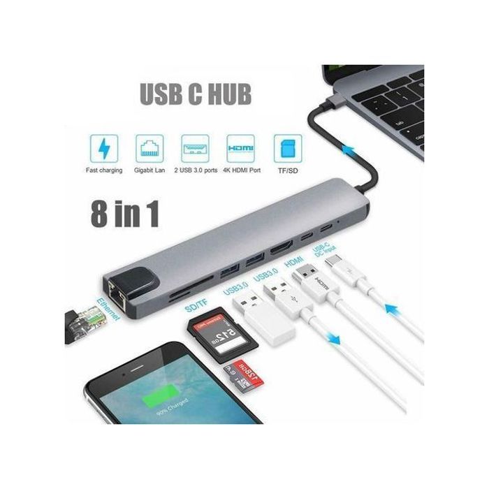 Hub USB-C 8 en 1 avec HDMI 4K, USB 3.0, SD et TF - Gris