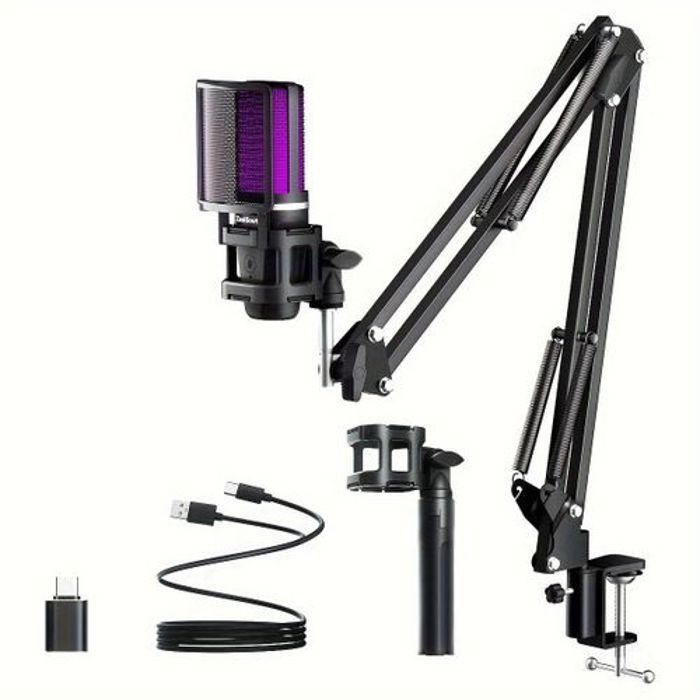 Microphone - Haomuren - USB - Condensateur - Bras ajustable - Noir