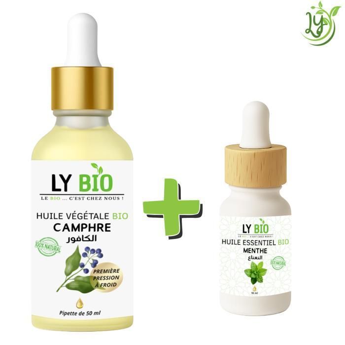 Pack d'huiles - LYBIO - Huile Camphrée 50ml - Pipette - Huile Essentielle Menthe 10ml - Tous types de cheveux