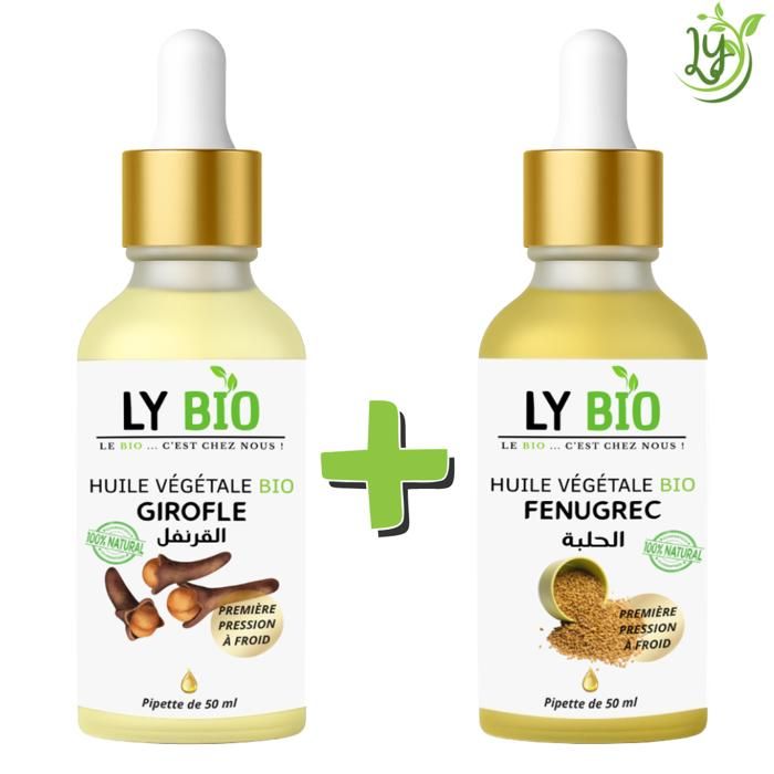 Pack d'huiles - LYBIO - Huile Girofle 50ml - Pipette - Huile Fenugrec 50ml - Pipette - Nourrissant