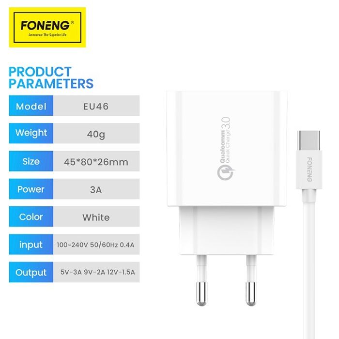 Chargeur USB-A - UE46 - Micro USB (V8) - 3A - 100-240V - Blanc