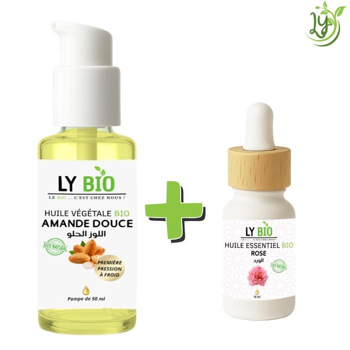 Pack de soins - LYBIO - Huile Amande Douce 50ml - Huile Essentielle Rose 10ml - Hydratant - Mixte
