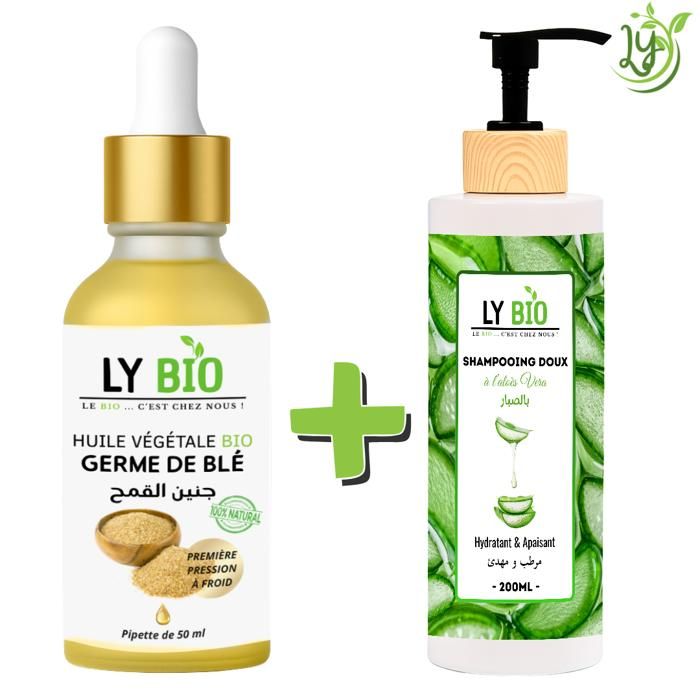 Pack de soins capillaires - LYBIO - Huile germe de blé 50ml - Shampooing aloe vera 200ml - Hydratant - Apaisant