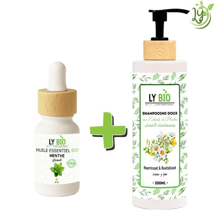 Pack de soins - LYBIO - Huile essentielle menthe 10ml - Shampooing 200ml - Nourrissant & Revitalisant