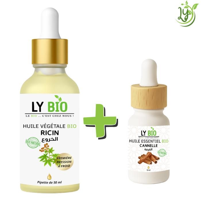 Pack Huile Ricin 50ml - LYBIO - Huile Essentielle Cannelle 10ml - Hydratant - Mixte - Tous types de cheveux