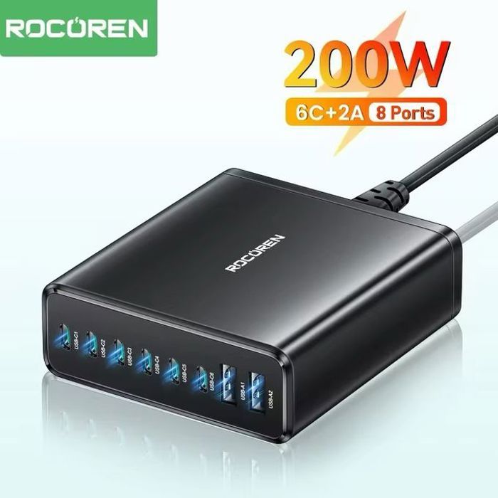 Rocoren Desktop Fast Charger Station (6C+2A）200W ((AC line 1.5m EU type) Black