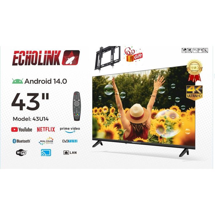 43  Smart Tv 4K Ultra HD Android 14, Wi-Fi, Bluetooth, DVB-T2/S2 + Support