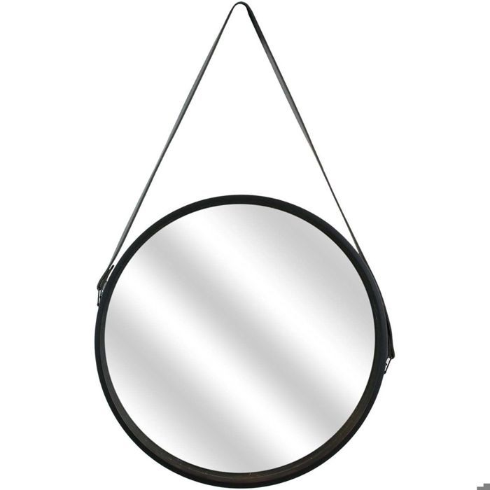 Miroir rond - Noir - 40 cm - Anse en PU - Style intemporel - Décoration murale
