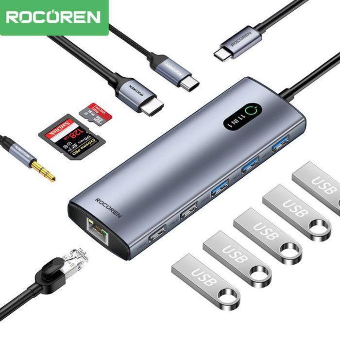 Rocoren Aurora Series Multi-functional Docking station  11 in 1 Type-C HUB Grey