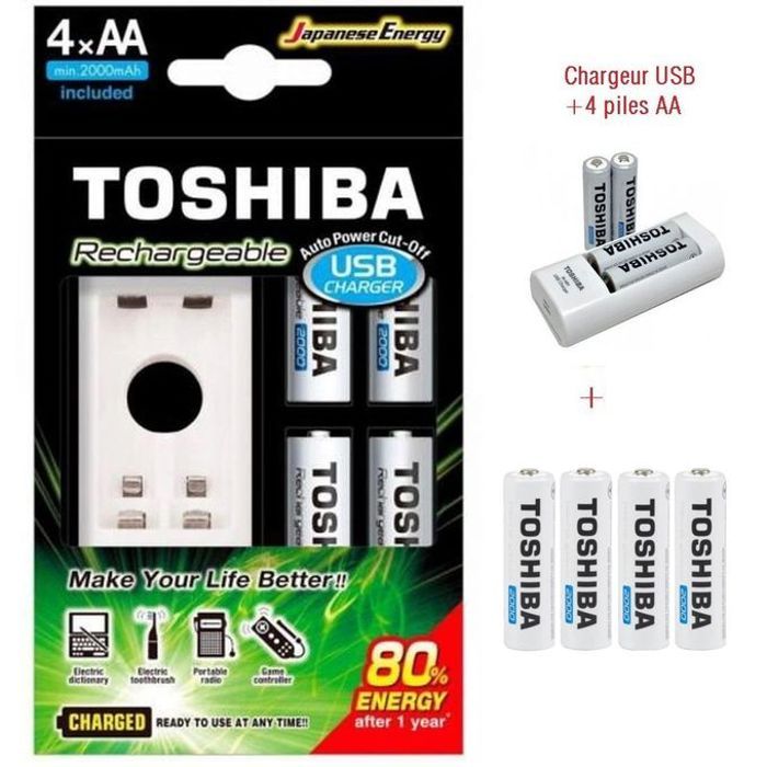 Toshiba Chargeur 2000mah Puissant de batterie rechargeable AA et AAA + 4 piles AA
