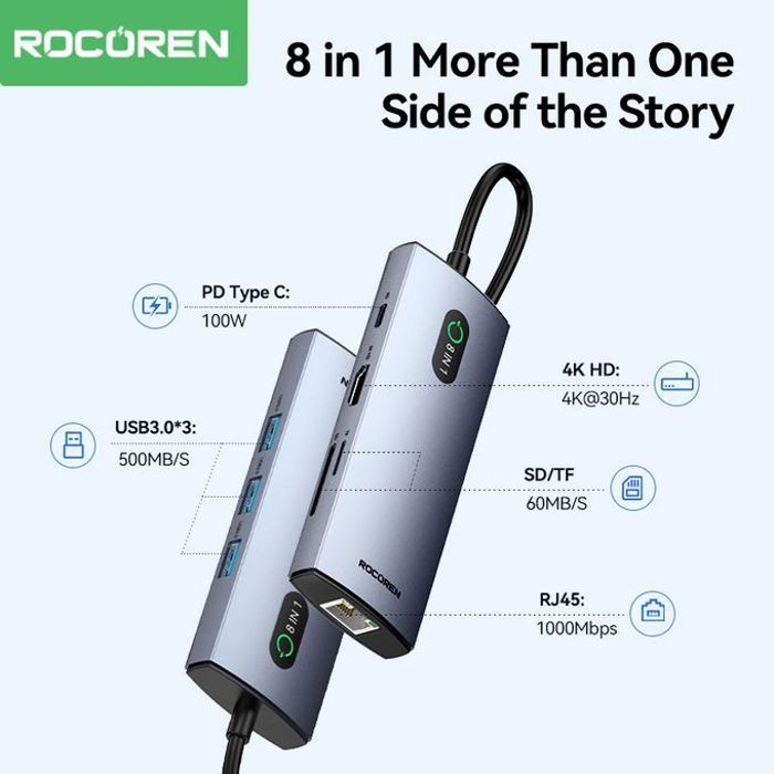Rocoren Aurora Series Multi-functional Docking station  8 in 1 Type-C HUB Grey