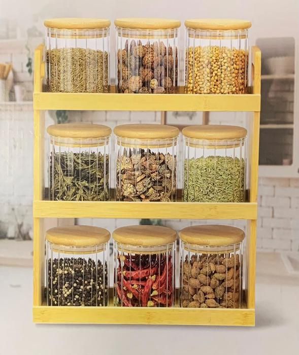 RANGEMEMENT ET ORGANISATEUR  9 PIECES AVEC 9 BOITES À ÉPICES EN VERRE ET COUVERCLE EN BAMBOU