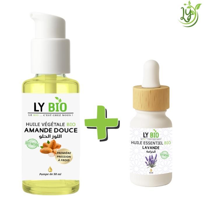 LYBIO PACK HUILE AMANDE DOUCE 50ml - POMPE + HUILE ESSENTIEL LAVANDE 10ML