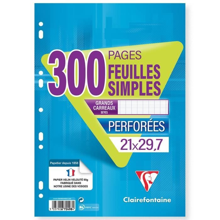 CLAIREFONTAINE - Feuilles simples blanches - Perforées - 21 x 29,7 - 300 pages Seyès - Papier P.E.F.C 90G