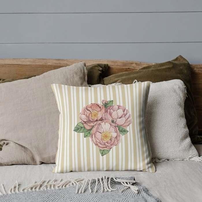 Housse de coussin - IMPREMALIA - Floralia - Motif floral - Beige - Lavable en machine à 40°