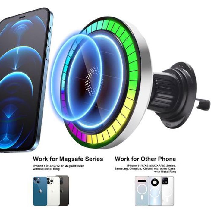 Chargeur magnétique sans fil pour voiture, lampe LED RGB, support de téléphone Magsafe