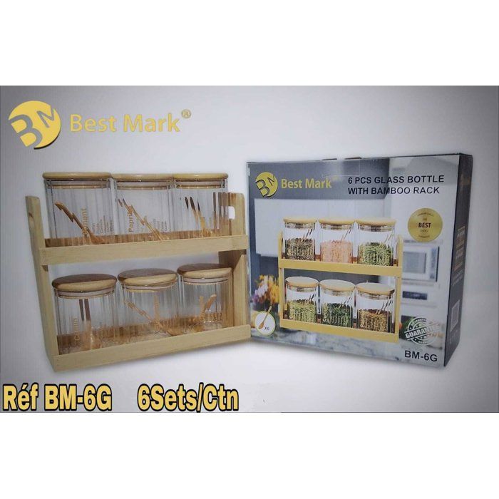 Set de 6 Bocaux en Verre avec Support en Bambou – Best Mark (Réf : BM-6G)