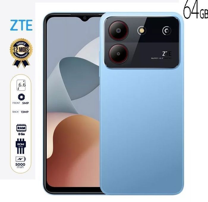 Zte Smartphone 4G 6.6" Gsm-Dual Sim-13MP-64GB-Ram 8GB-Empreinte Blade54-bleu