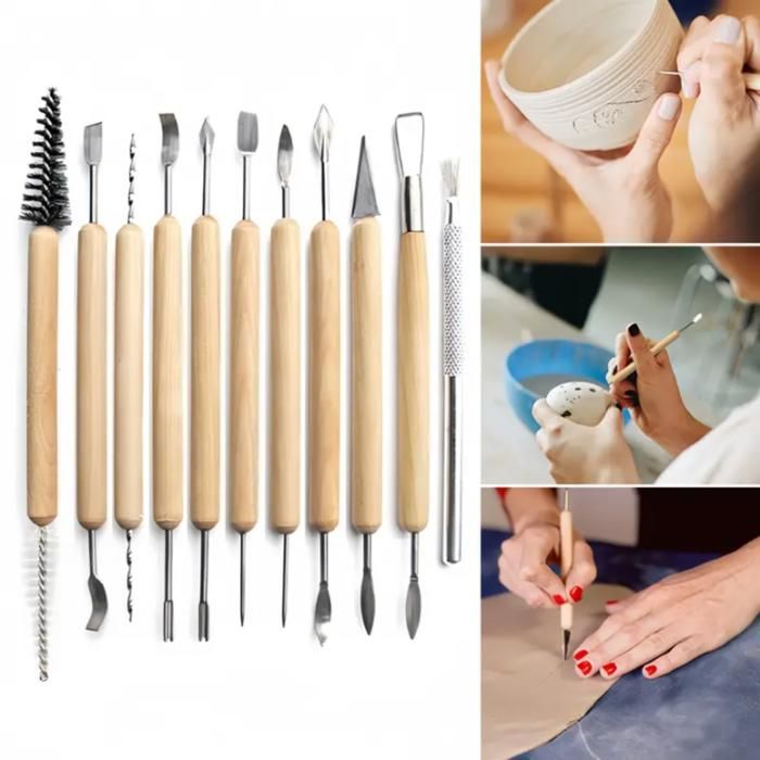Ensemble de 11 outils pour poterie et sculpture, manches en bois et pointes métalliques pour modélisation d’argile et céramique