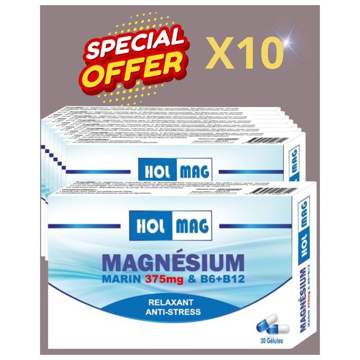 Magnésium PACK 10 boites, Relaxation, Soutien Sommeil & Équilibre, stress fatigue, une gélule par jour dosage 100% apport journalier