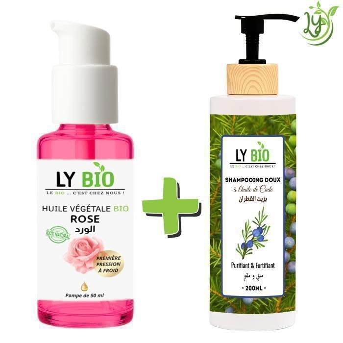 Pack Huile Rose 50ml - LYBIO - Shampooing Cade 200ml - Hydratant - Purifiant - Fortifiant