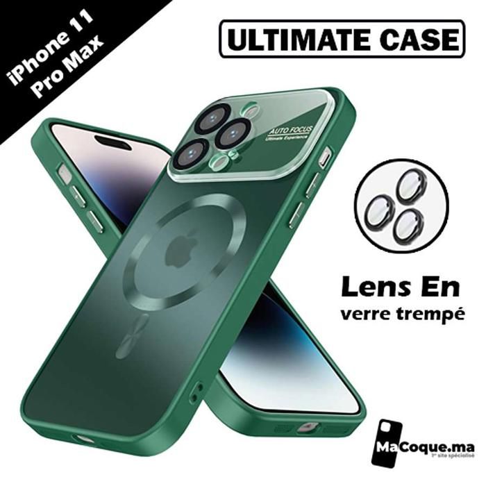 VERT Coque iPhone 11 Pro Max "ULTIMATE CASE" /LENS Protector En verre Trempé/Magnétique/Magsafe/Filtre Poussière.