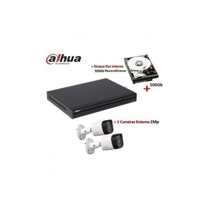 Dahua Kit vidéo surveillance 2 caméras 2MP d'extérieur HD +DVR 4 ports+ +Disque Dur interne 500Go