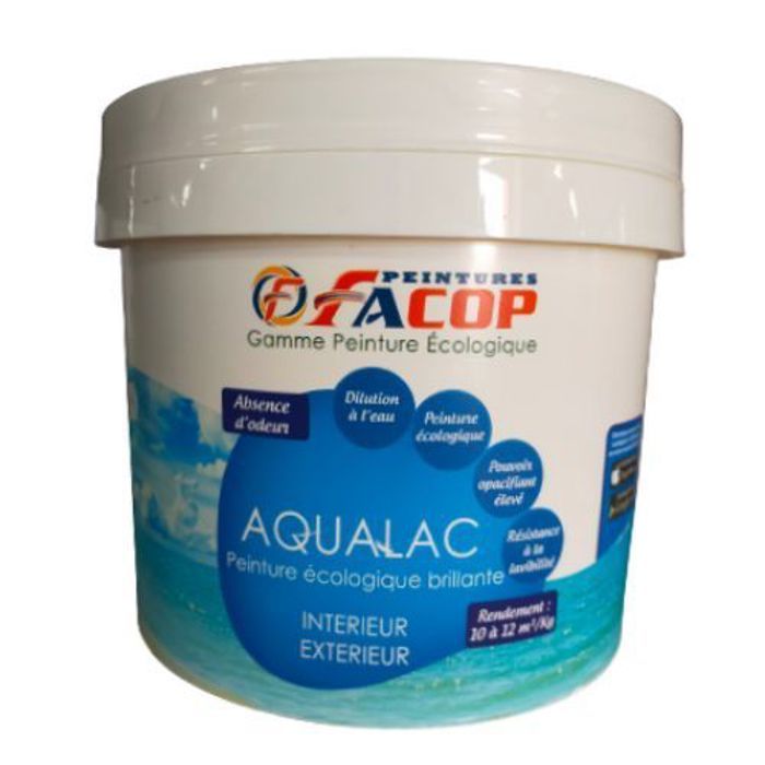 FACOP AQUA LAC Peinture à L'eau Brillant Blanc 4kg (l'intérieur et l'extérieur)