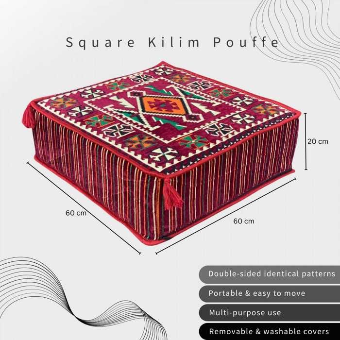 Pouf - Kilim traditionnel - Coton avec Mousse Dolidol - 60x60x20 cm - Bordeaux