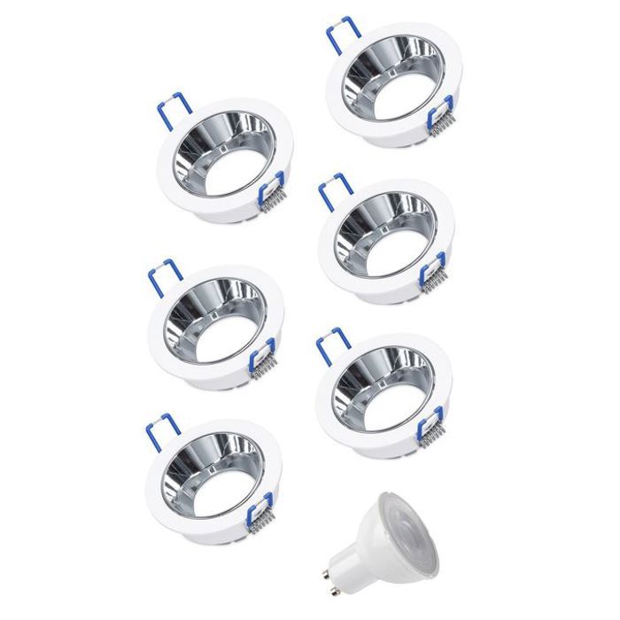 Spot Plafond Encastré Rond Blanc / Argent Comprend X 6 W LED Blanc Chaud 230 V IP20 X Prise GU10