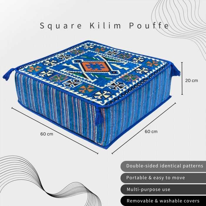 Pouf - Kilim traditionnel - Coton avec Mousse Dolidol - 60x60x20 cm - Bleu