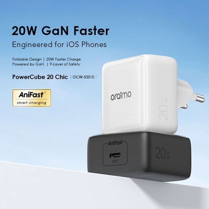 oraimo PowerCube 20 Chic Kit de chargeur mural GaN 20 W avec câble Type-C vers Type-C