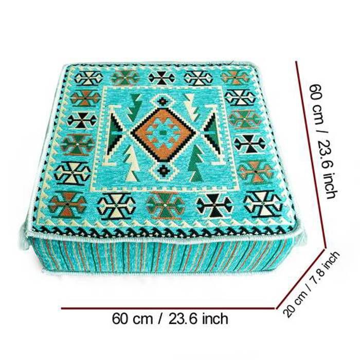 Pouf Kilim - Turquoise - Coton avec Mousse Dolidol - 60x60x20 cm - Confort Supérieur