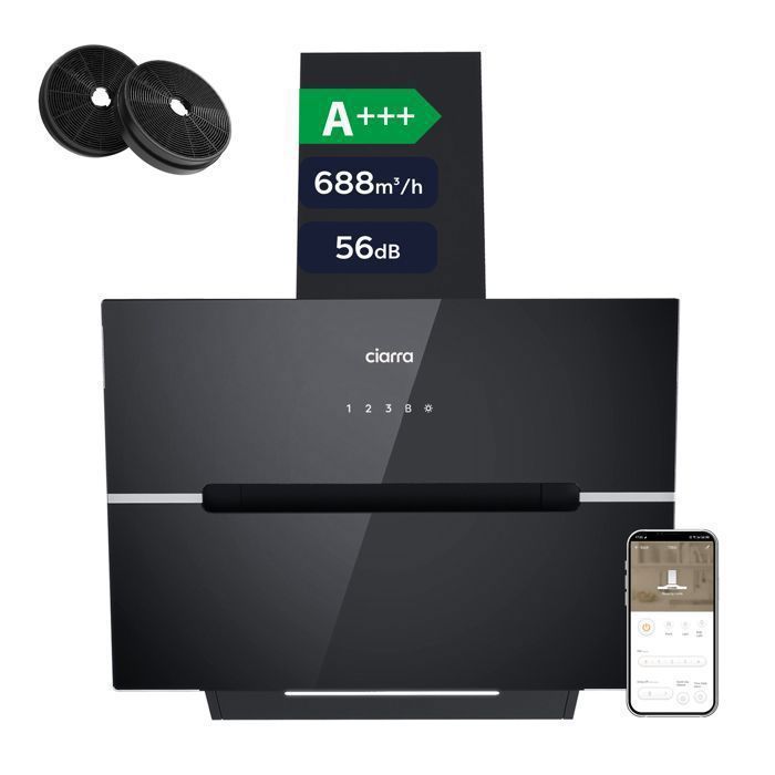 CIARRA Inklinerad Köksfläkt 60 cm, 688 m³/h, A+++, Wi-Fi, Touch, 4 Hastigheter, Booster, Kolfilter ingår, Svart, CD6736FB