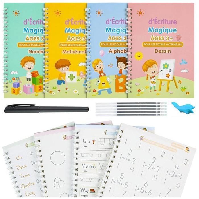 4 pcs livre Apprendre d'écriture magique réutilisable pour enfants de 3 ans et plus - En Français