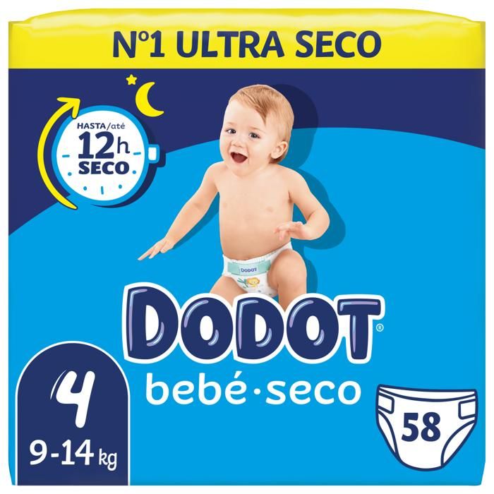 Couches Bébé - Dodot - Bebe Seco - Taille 4 (9-14kg) - 58 unités - Hypoallergénique