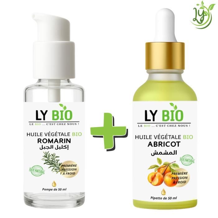 Pack Huile - LYBIO - Romarin 50ml - Pompe - Abricot 50ml - Pipette - Hydratant