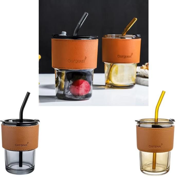Tasse à café Portable avec couvercle  - étui en cuir - Verre(Couleur aléatoire)